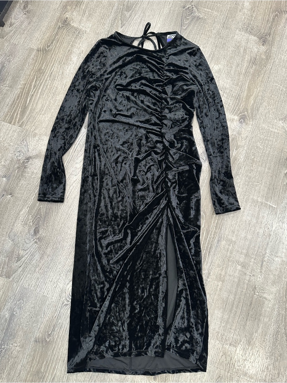 Black Velvet Ruched Long Sleeve Midi Dress with Back Tie